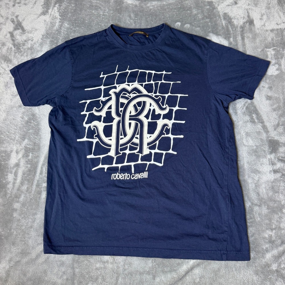 Roberto Cavalli Mens XXL Navy Blue RC Monogram Graphic T-Shirt Cotton